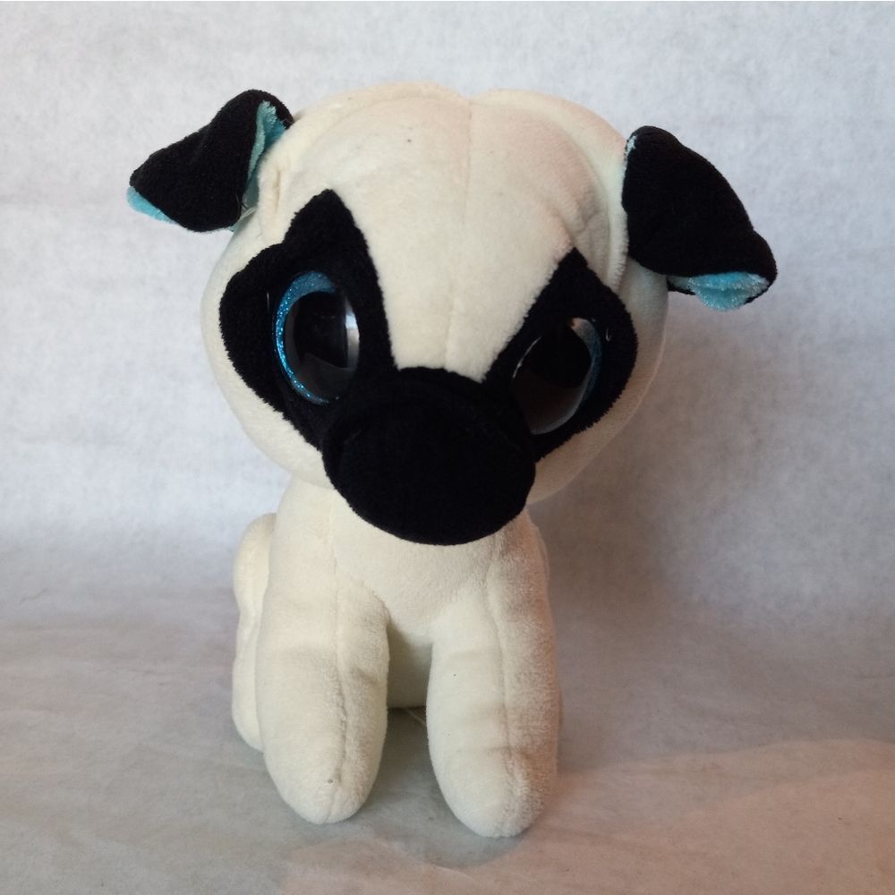 Pug Puppy Dog 7" Plush Cream Black Stuffed Animal Toy Blue Glitter Eyes